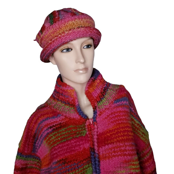 Vtg Over The Rainbow Wool Cardigan Sweater Striped Jacket w/Hat Hippie Boho S/M - Picture 2 of 14